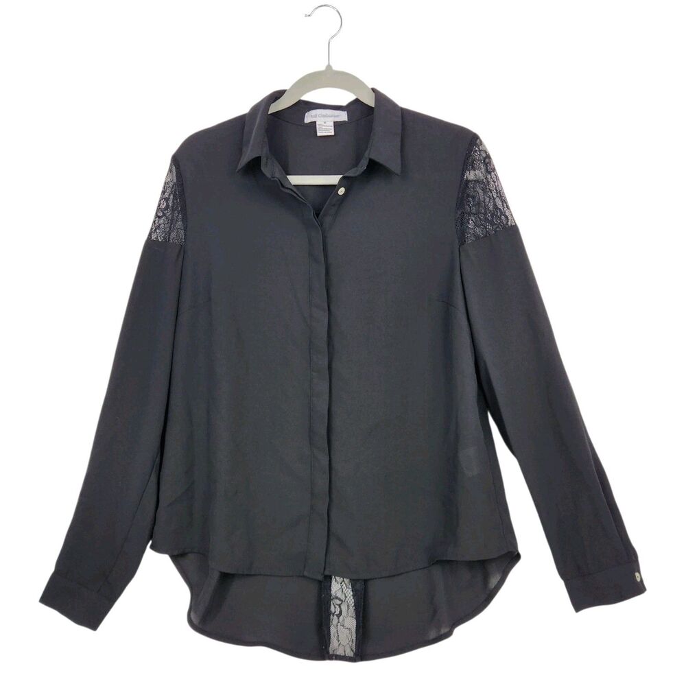 Liz Claiborne Button Up Blouse Medium Black Lace Accents Feminine Holiday Dressy